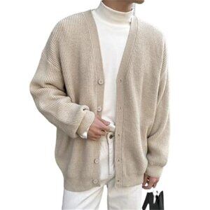Mens V Neck Button Front Cardigan Rib Knit Long Sleeve Sweater Casual